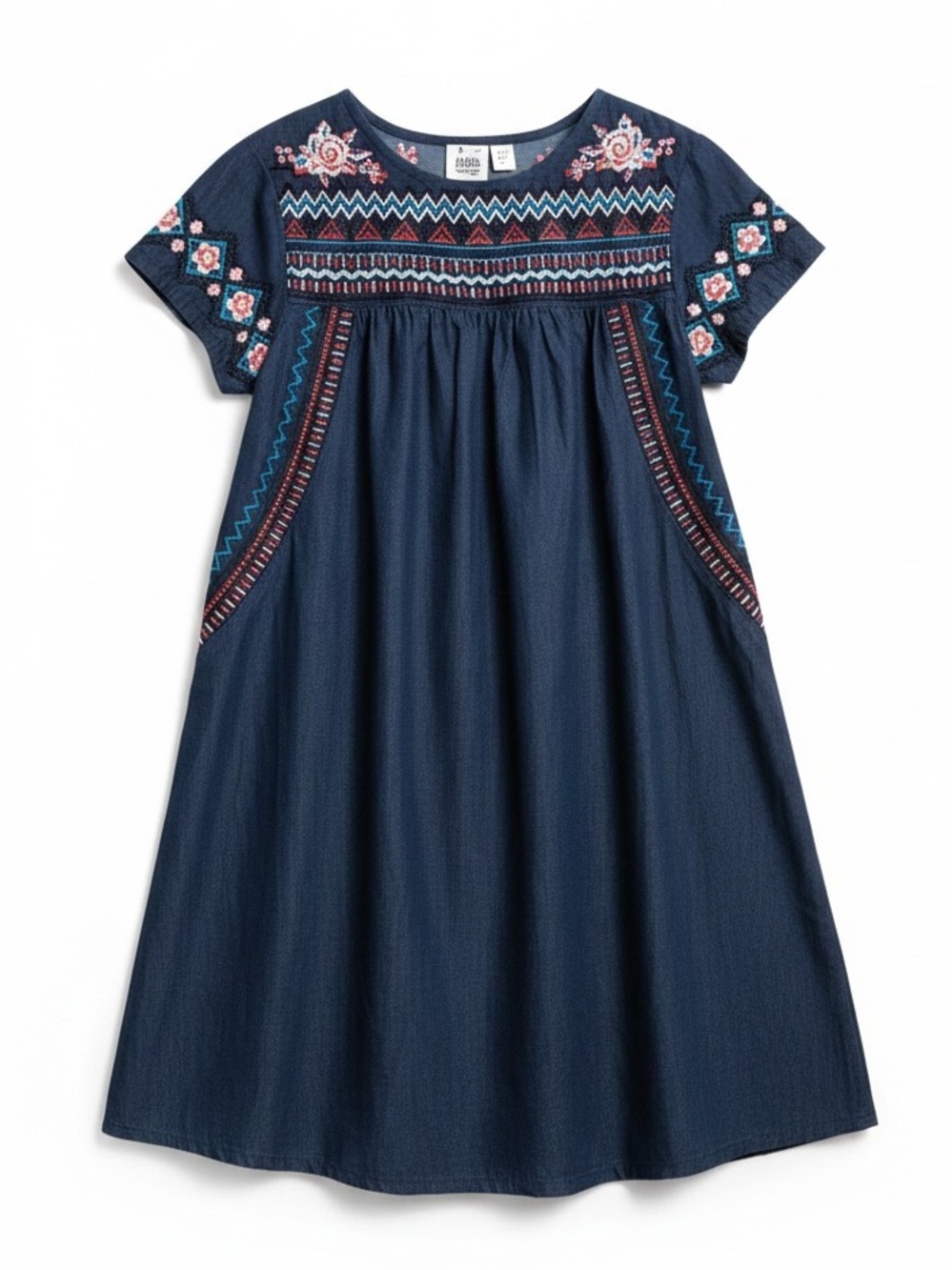 Ivy Jane Navy Blue Boho-Inspired Embroidered Short Sleeve Shift Dress Size Small